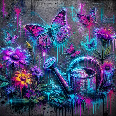 a garden scene with butterflies, flowers and a watering can, clean uncolored line art, no text