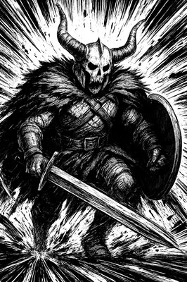 a black and white drawing of a demon holding a sword