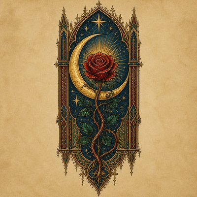 a rose entwined with a crescent moon, clean balanced composition on a plain background, no text