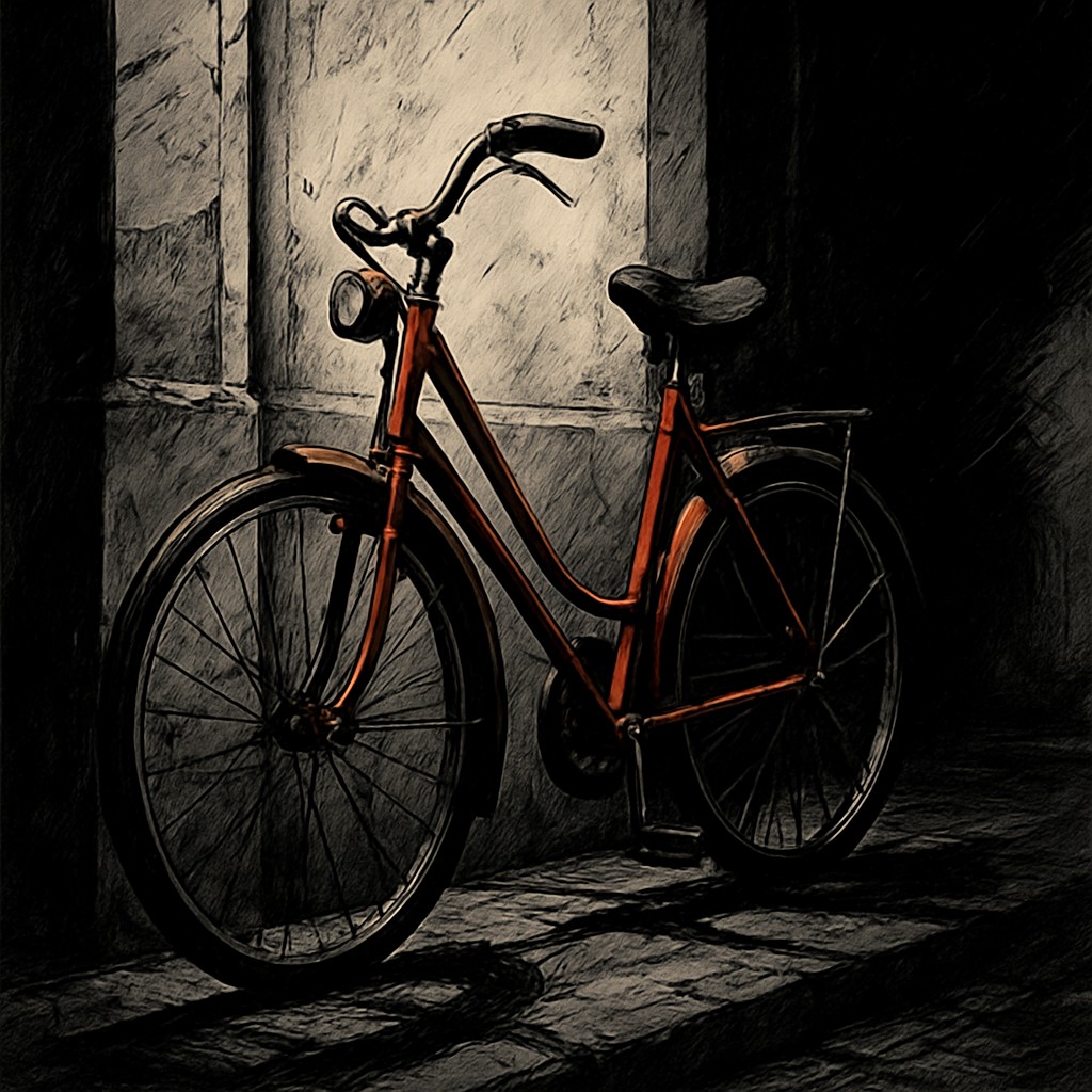 bicyle resting against a wall