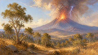 an erupting volcano with lightning strikes, dramatic wide composition, no text