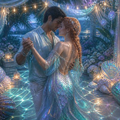 an original couple dancing under string lights in a garden at dusk: a man with short black hair in a linen shirt and a woman with braided red hair in a summer dress
