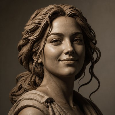 head-and-shoulders portrait of an original character: a young woman with wavy chestnut hair and a warm smile, plain soft backdrop