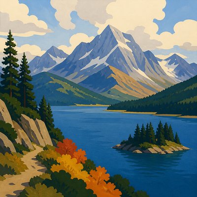wide landscape with natural scenery — Gouache Painting Style