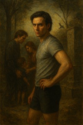 a painting of a man standing in front of a group of people