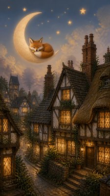 a sleeping baby fox curled on a crescent moon among soft stars, gentle and warm, no text