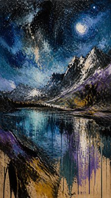 a tranquil mountain lake beneath a starry night sky, no people, no text