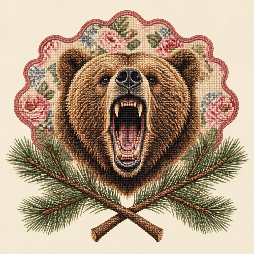 a roaring bear head above crossed pine branches, bold graphic composition on a plain background, no text