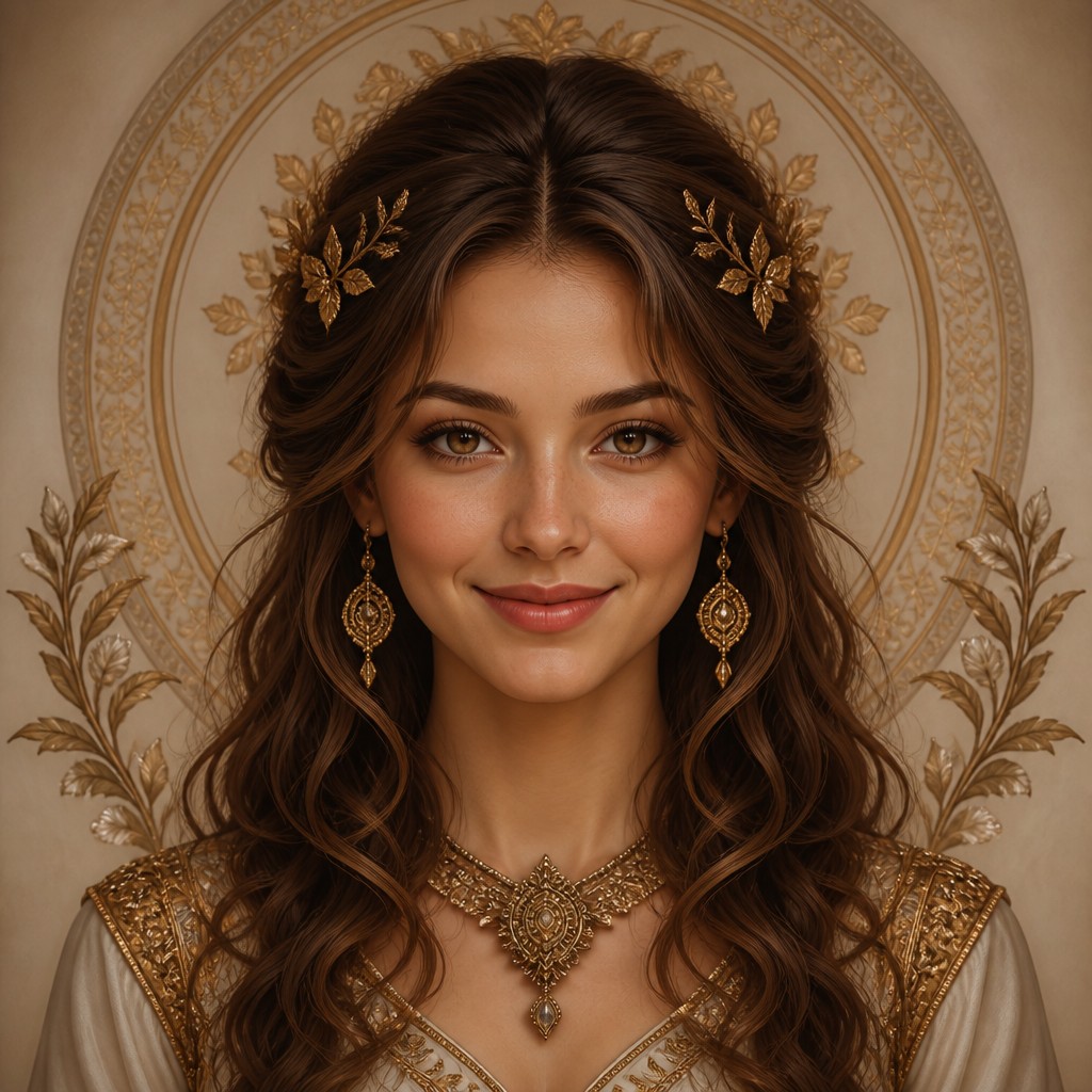 head-and-shoulders portrait of an original character: a young woman with wavy chestnut hair and a warm smile, plain soft backdrop