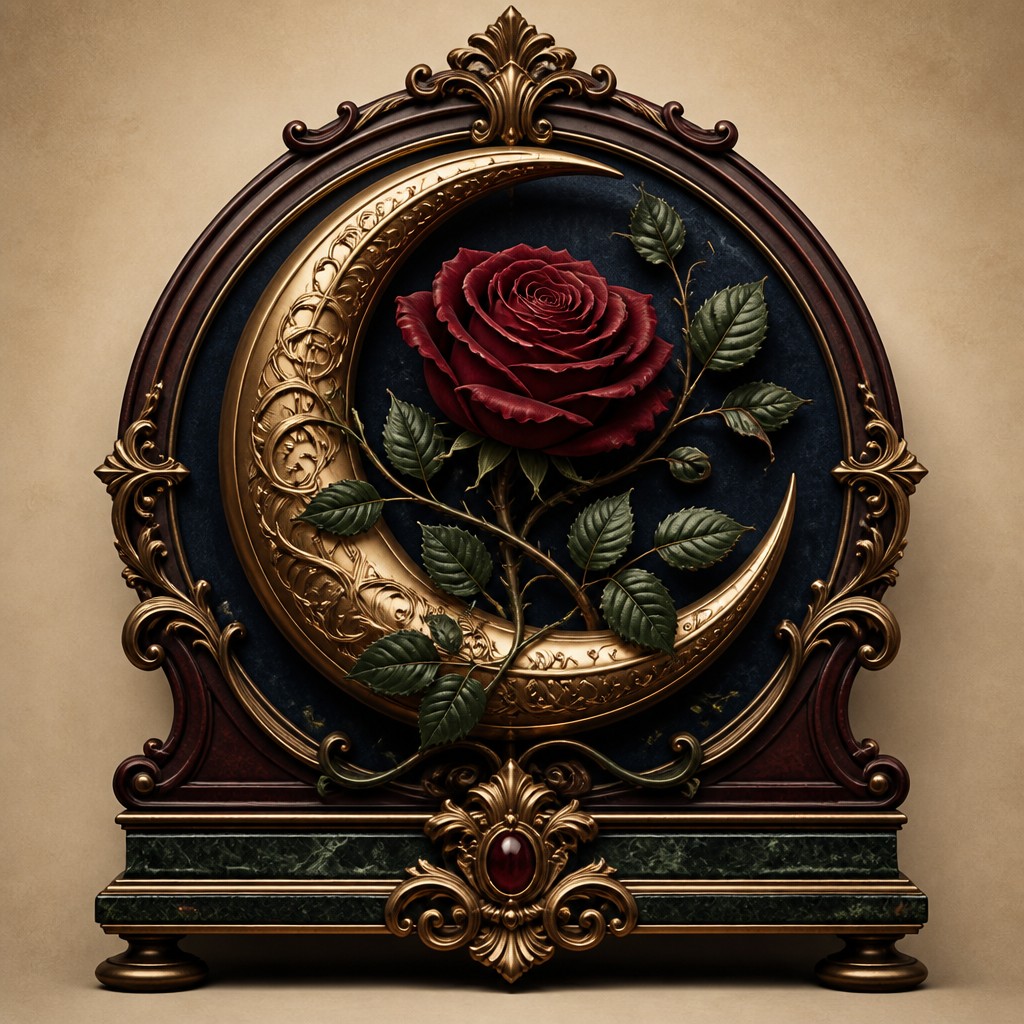a rose entwined with a crescent moon, clean balanced composition on a plain background, no text