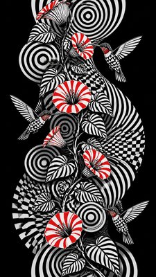 a climbing vine of flowers and hummingbirds on a dark background, tall wrapping composition, no text