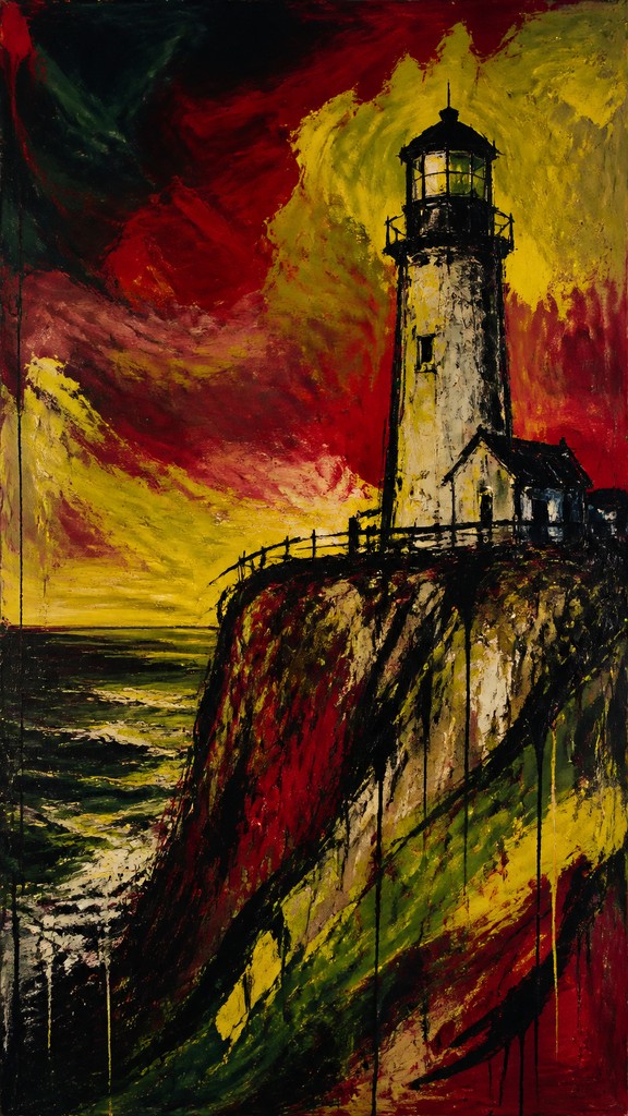 a lone lighthouse on a cliff at dusk under a dramatic sky, no text or lettering