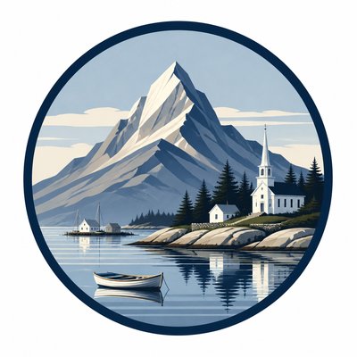 an emblem of a mountain peak inside a circle, simple bold shapes on a plain background, no text or lettering