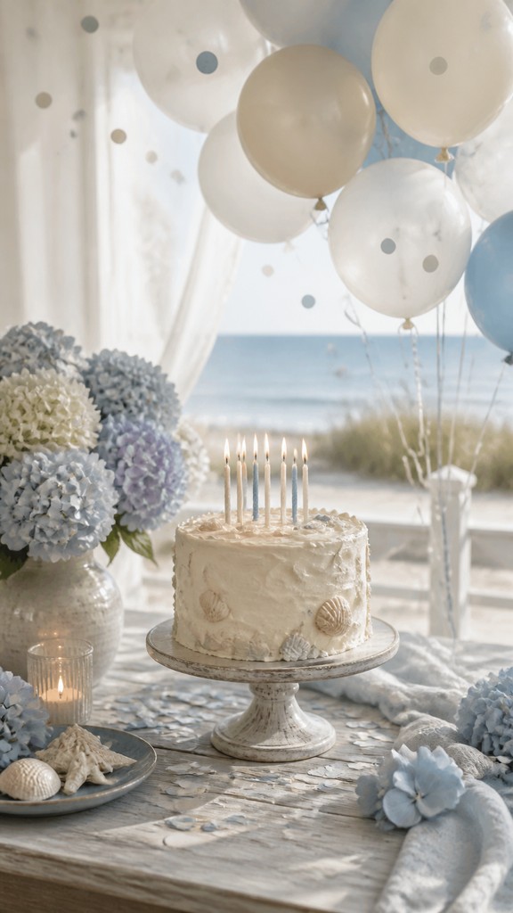 a birthday cake with lit candles surrounded by balloons and confetti, festive vertical composition, no text
