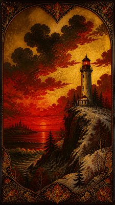 a lone lighthouse on a cliff at dusk under a dramatic sky, no text or lettering