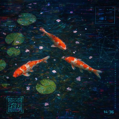 A koi pond seen from above, orange and white koi fish swimming among lily pads, clear water with subtle ripples, fallen cherry blossom petals floating on the surface, dappled sunlight