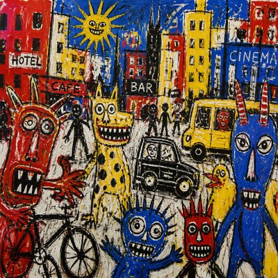 urban street with city activity — CoBrA Art Style