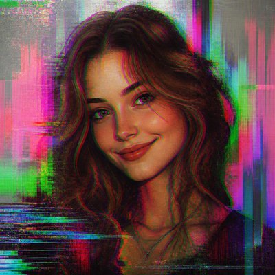 head-and-shoulders portrait of an original character: a young woman with wavy chestnut hair and a warm smile, plain soft backdrop