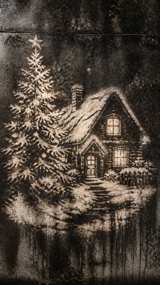 a snow-covered cottage with warm glowing windows beside a decorated pine tree, gentle snowfall, no text