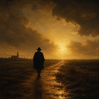 a solitary figure walking toward a glowing horizon across an empty plain, moody atmosphere, no text or lettering