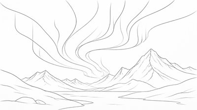 a flowing aurora over snowy peaks, wide sweeping composition, no people, no text
