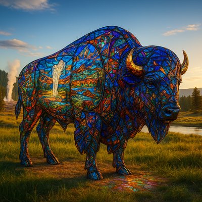     A breathtaking, full-size artistic standing buffalo, rendered entirely in the style of intricate, luminous glass art, reminiscent of the painted buffalo installations. The buffalo's majestic form is composed of countless individual pieces of vibrant, multifaceted stained glass or fused glass, meticulously cut, arranged, and joined.

    The entire surface of this glass buffalo is adorned with various miniature, finely detailed scenes and patterns etched, painted, or embedded within the glass itself, or created by the unique coloration and texture of the glass pieces. These scenes depict:

        Iconic Yellowstone landscapes: Old Faithful erupting in miniature, the Grand Canyon of the Yellowstone, geothermal pools.

        Local wildlife: Elk, bears, wolves, eagles (all rendered in the glass medium).

        Native American art motifs: Geometric patterns, symbols, and figures (also within the glass).

    The buffalo's interior is subtly illuminated, causing the entire sculpture to glow from within, acting as a beacon of art and nature. Light catches every facet of the glass, creating a dazzling play of refracted colors that project intricate patterns onto the surrounding natural environment.

    The setting is the glory of Yellowstone National Park, specifically an expansive, iconic vista. Perhaps in a verdant meadow with distant geysers steaming, or near a crystal-clear river. The morning sun, bright and golden, backlights the buffalo, intensifying its inner glow and creating a dramatic contrast with the rugged, natural beauty of the park. The atmosphere is one of awe, harmony between art and nature, and a profound celebration of the spirit of the American West. The artistic style is hyper-realistic, emphasizing the detailed texture, transparency, and brilliant light play inherent in glass art, seamlessly integrated into a vibrant, natural landscape.