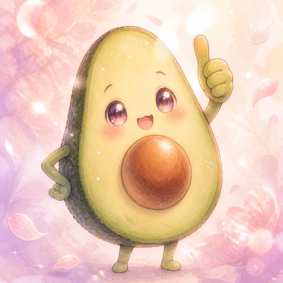 a happy avocado character giving a thumbs up, bold readable design on a plain background, no text