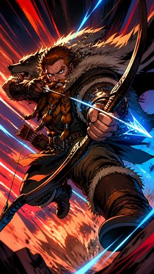 full-body original character: a dwarven ranger with a braided auburn beard, worn leather armor, a longbow and a wolf-pelt cloak, neutral background, no text