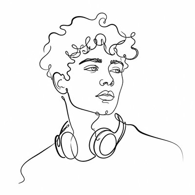head-and-shoulders portrait of an original character: a young man with curly dark hair and headphones around his neck, plain backdrop, no text