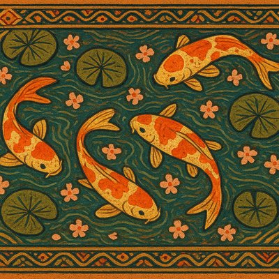 A koi pond seen from above, orange and white koi fish swimming among lily pads, clear water with subtle ripples, fallen cherry blossom petals floating on the surface, dappled sunlight