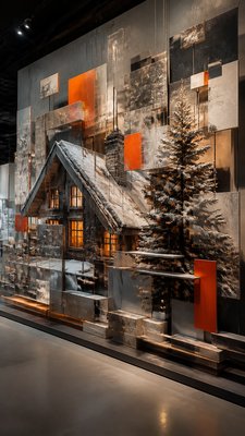 a snow-covered cottage with warm glowing windows beside a decorated pine tree, gentle snowfall, no text