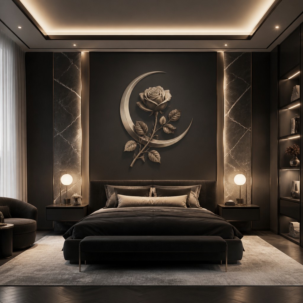 a rose entwined with a crescent moon, clean balanced composition on a plain background, no text