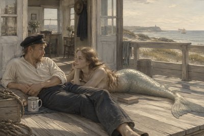 a mermaid and a sailor recline next to each other on a sunny deck