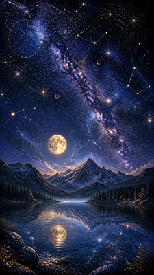 a tranquil mountain lake beneath a starry night sky, no people, no text