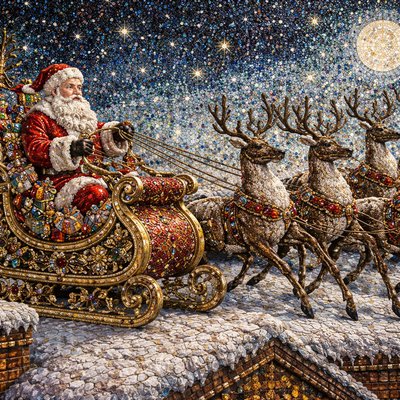Santa's Sleigh: A highly detailed mosaic artwork depicting Santa Claus in his traditional red suit, seated in an ornate sleigh loaded with gifts, holding reins as he prepares to take flight with a team of eight reindeer poised on a snowy rooftop under a starry winter night sky. The entire scene is intricately composed of mixed tesserae, including vibrant smalti glass tiles in rich reds, deep greens, and whites for Santa's suit and fur trim, sparkling gemstones in ruby, emerald, sapphire, and diamond hues for accents and gift wrappings, metallic gold and silver leaf tiles outlining the sleigh runners, harnesses, and shimmering highlights, and opaque ceramic tiles in earthy browns and blacks for the reindeer antlers and hooves. Subtle iridescent smalti creates a glowing moon and falling snow effects, with tiny pearl-like inlays adding luminosity to the stars. Byzantine-inspired ornate style with tiny irregular tesserae, thin dark grout lines for sharp contrast, hyper-detailed texture, luminous reflections on glass and gems, slight dimensional depth from raised tiles, photorealistic mosaic rendering, sharp focus, joyful and magical festive composition