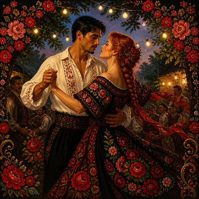 an original couple dancing under string lights in a garden at dusk: a man with short black hair in a linen shirt and a woman with braided red hair in a summer dress