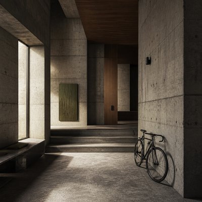 bicyle resting against a wall