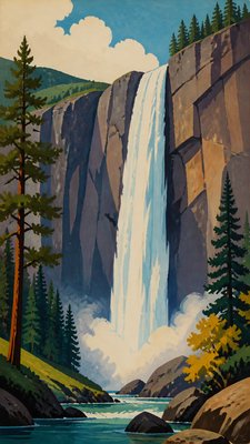 towering waterfall cascading down a cliff