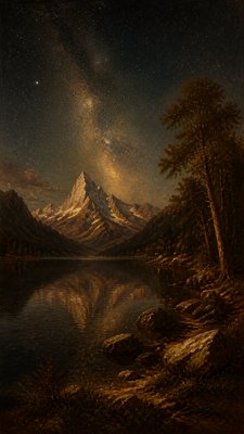 a tranquil mountain lake beneath a starry night sky, no people, no text