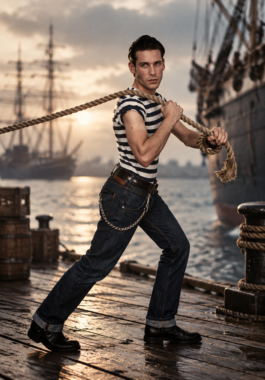 a man holding a rope while standing on a dock