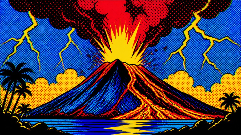 an erupting volcano with lightning strikes, dramatic wide composition, no text