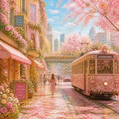 urban street with city activity — Bloomcore Aesthetic