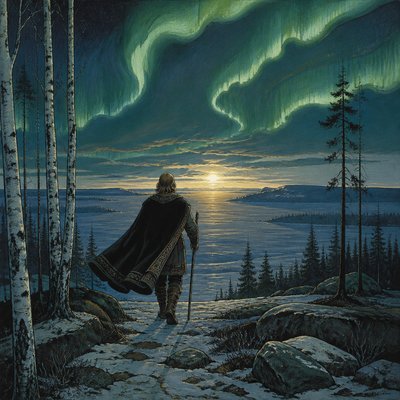 a solitary figure walking toward a glowing horizon across an empty plain, moody atmosphere, no text or lettering