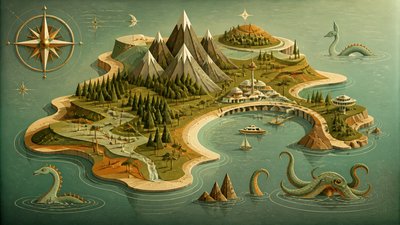 a map of an island realm with mountains, forests, a sheltered bay, sea monsters in the water and a compass rose, no text labels
