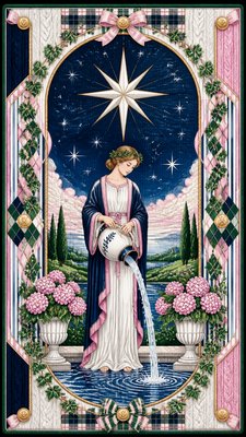 a robed figure pouring water beneath a large eight-pointed star in a night sky, symmetrical composition with an ornate decorative border, no text