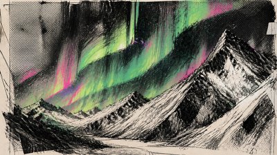 a flowing aurora over snowy peaks, wide sweeping composition, no people, no text