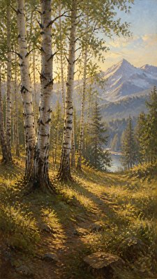 a serene birch forest in soft morning light, no people, no text