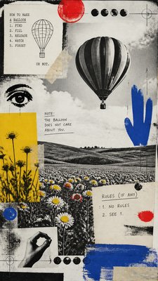 a hot air balloon drifting over rolling flower fields on a sunny day, cheerful, no text