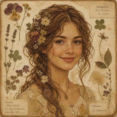 head-and-shoulders portrait of an original character: a young woman with wavy chestnut hair and a warm smile, plain soft backdrop