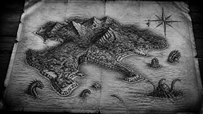 a map of an island realm with mountains, forests, a sheltered bay, sea monsters in the water and a compass rose, no text labels
